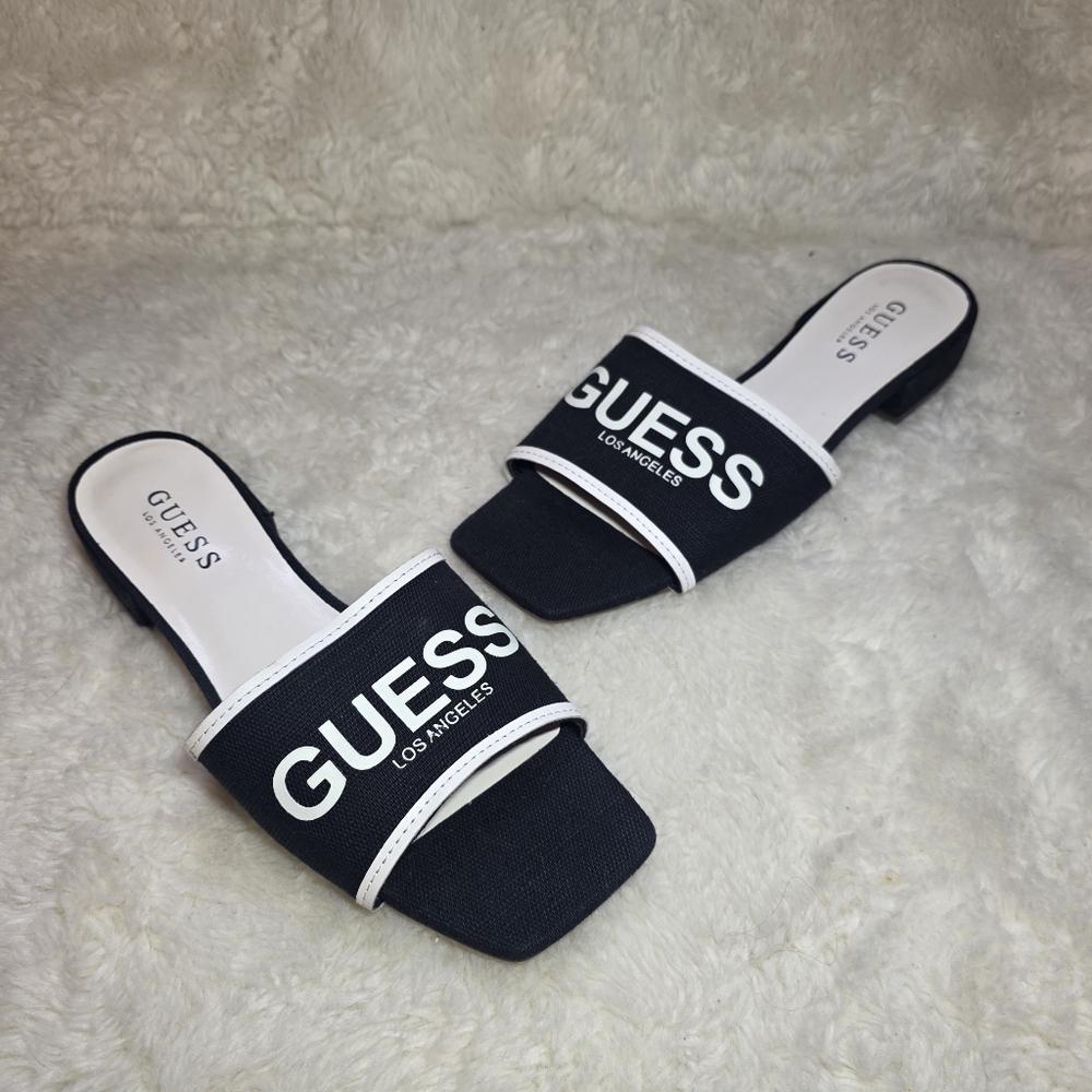 GUESS Los Angeles Black White Square Toe Low Block Heel Slide Sandals 9M NWOT